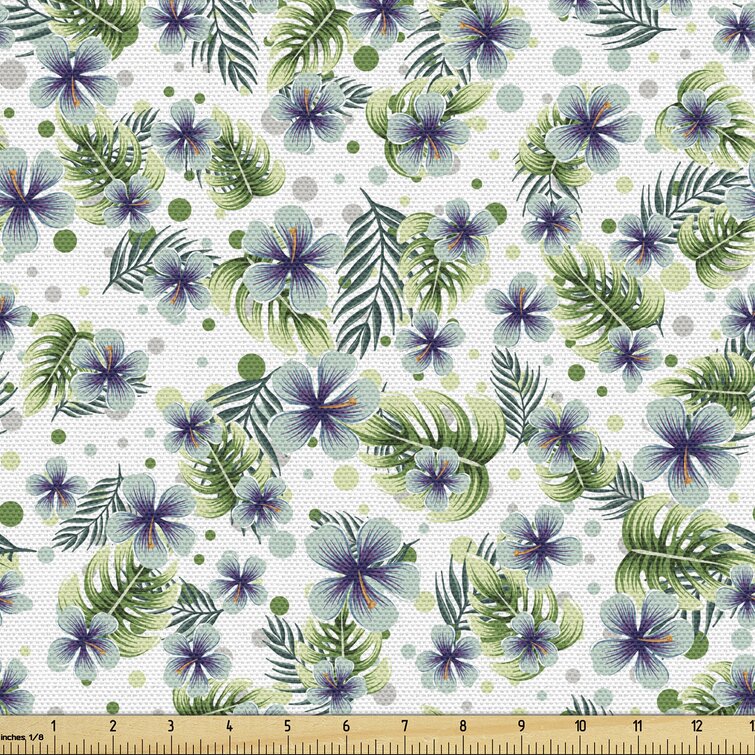 fab_174779_Ambesonne Hibiscus Fabric By The Yard, Summer Flourishes  Hawaiian Leaves And Round Blots On Background, Decorative Fabric For  Upholstery 